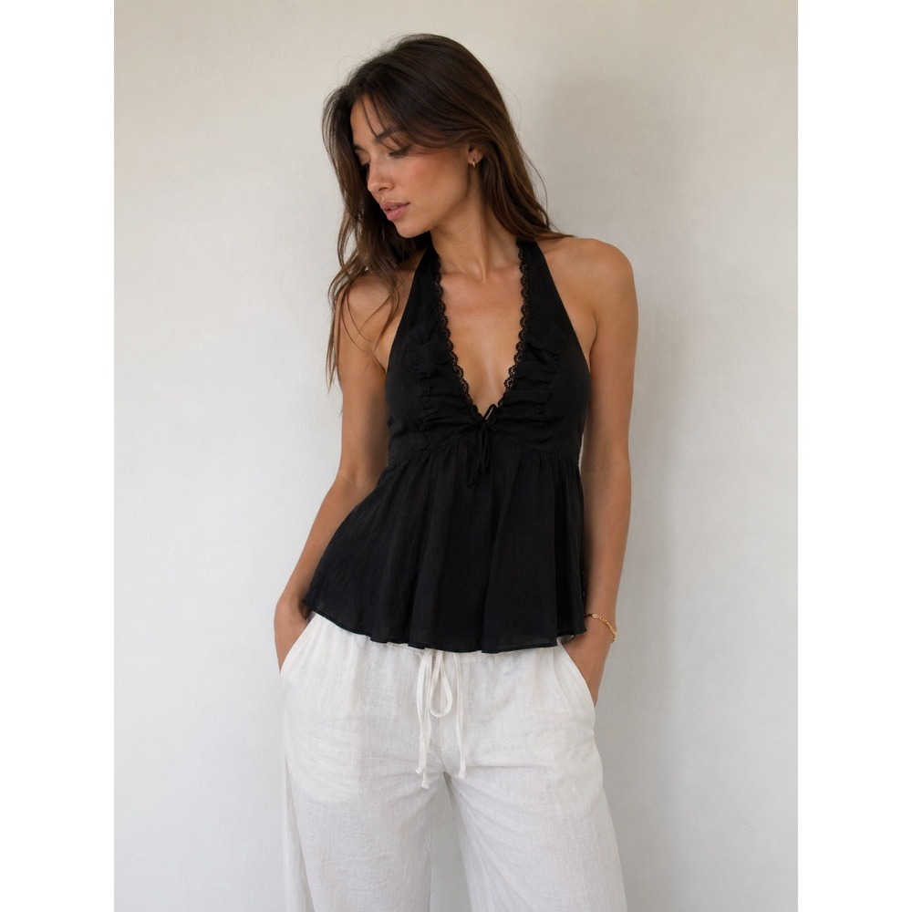 Beverly and Beck Womens Halter Top XS Black Minimalist Going Out Coquette